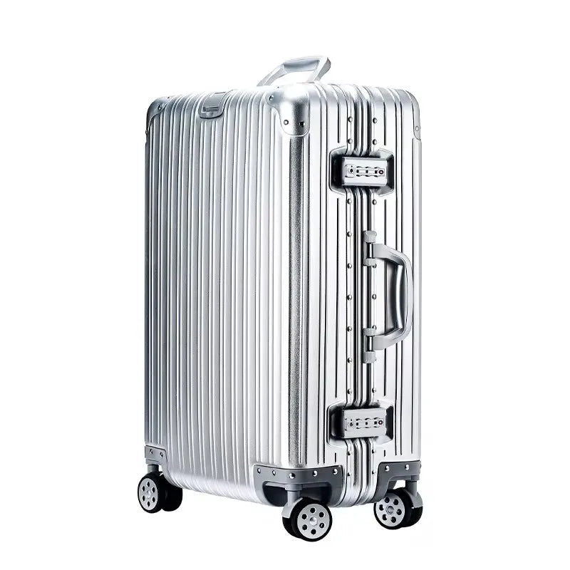 Premium aluminium spinner suitcase side view showing lightweight alloy frame and 360 spinner wheels