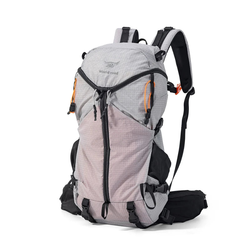 Product Image of Gray hiking backpack with black straps on a white background