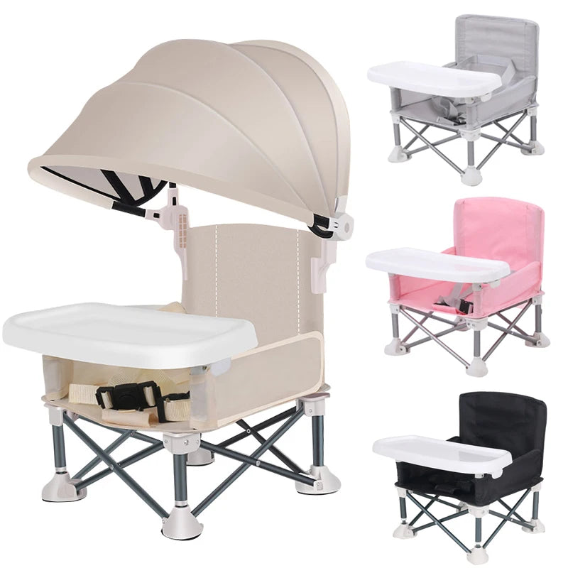Foldable baby high chair with sunshade awning portable outdoor feeding seat pink