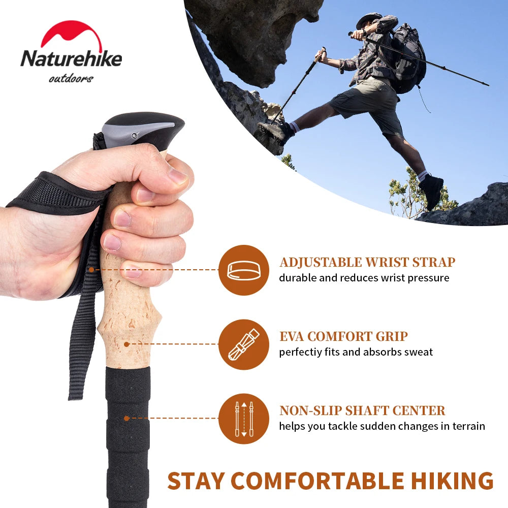 Naturehike carbon fibre poles pair protecting knees on mountain descent trail