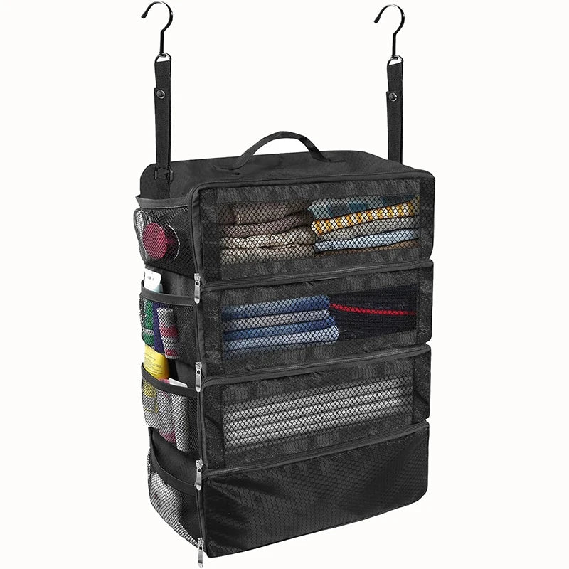 Collapsible luggage wardrobe expanded at hotel door hook multi-city trip organiser