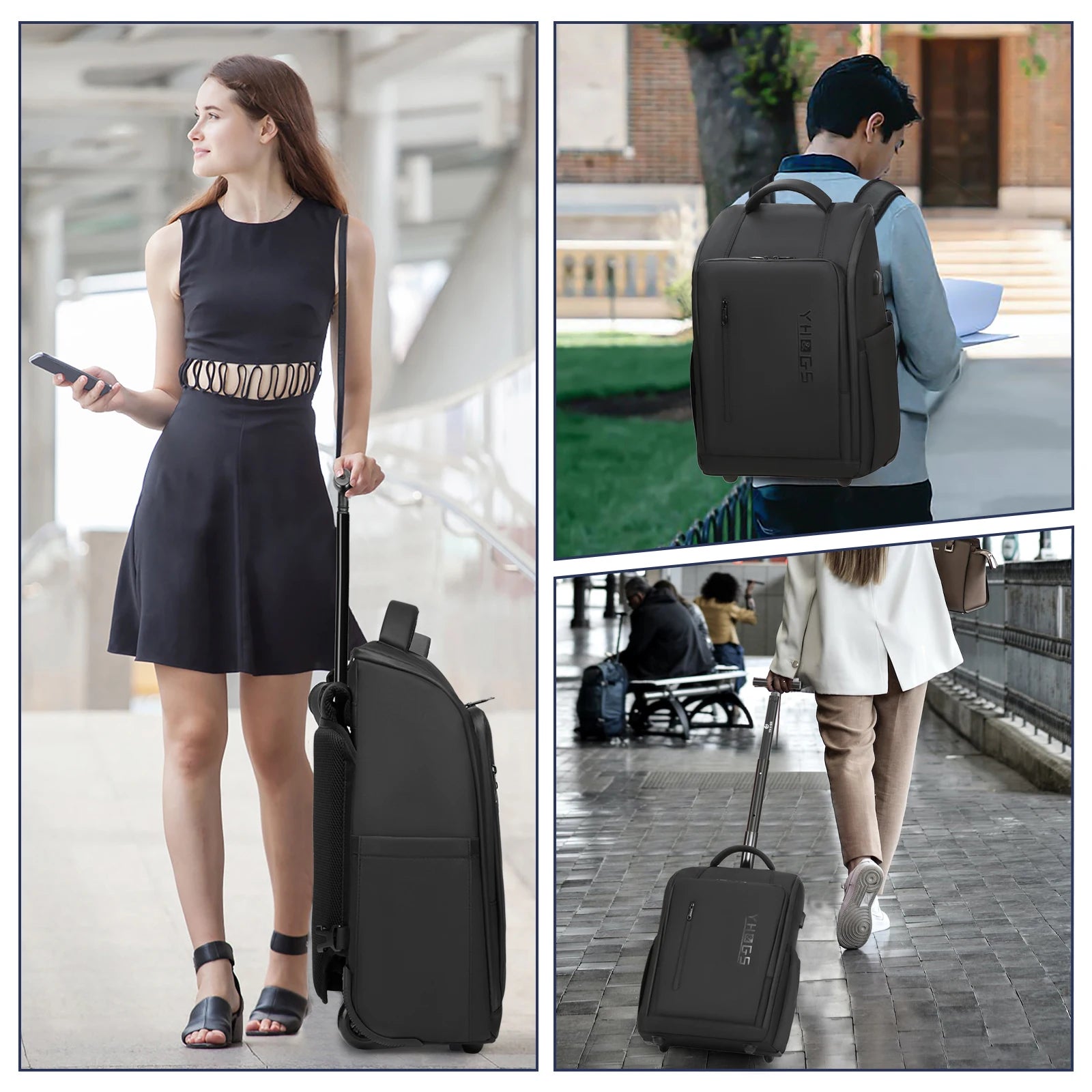 RollTech rolling backpack side view showing retractable trolley handle and spinner wheel base