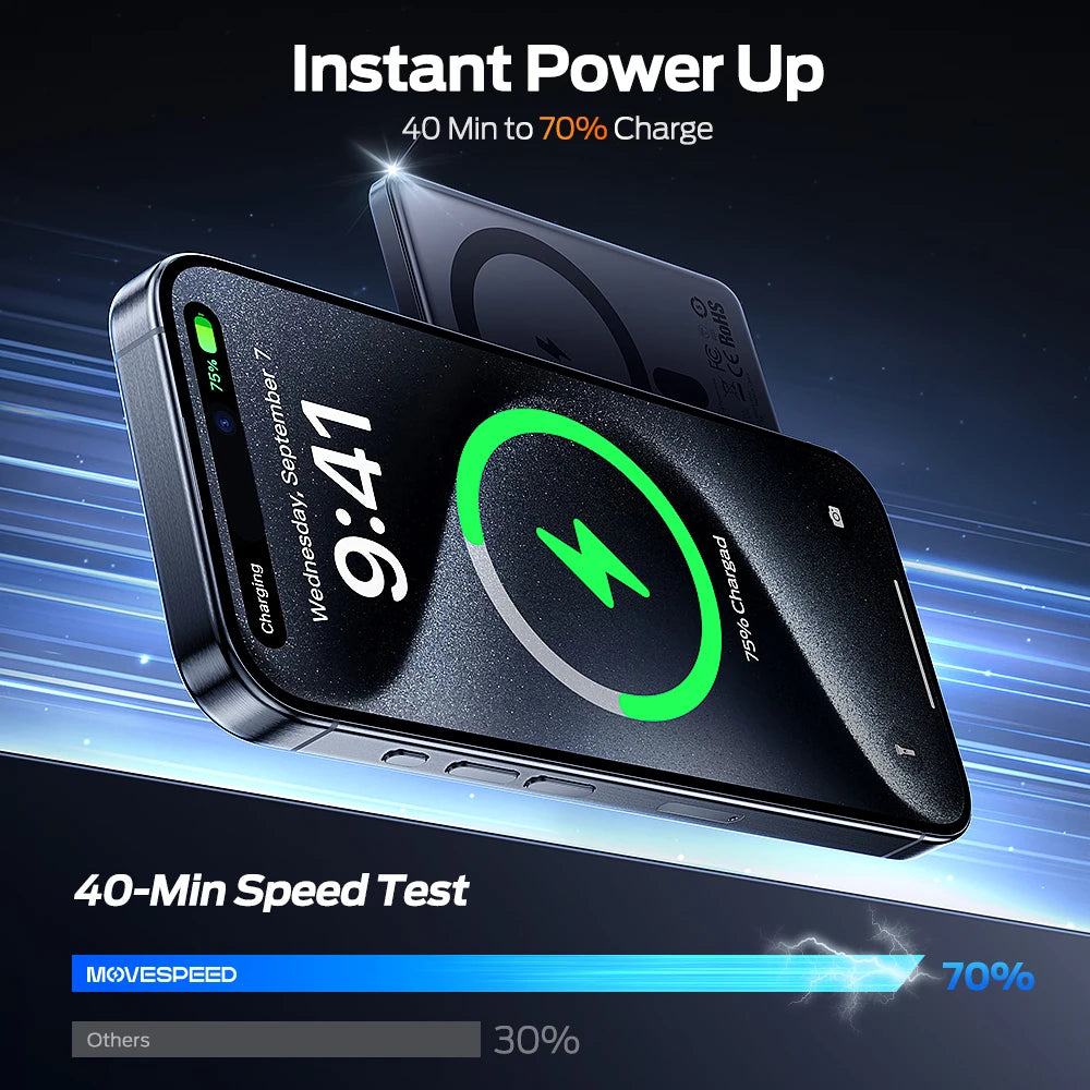 Slim MagSafe magnetic power bank in use wirelessly charging iPhone while travelling Australia