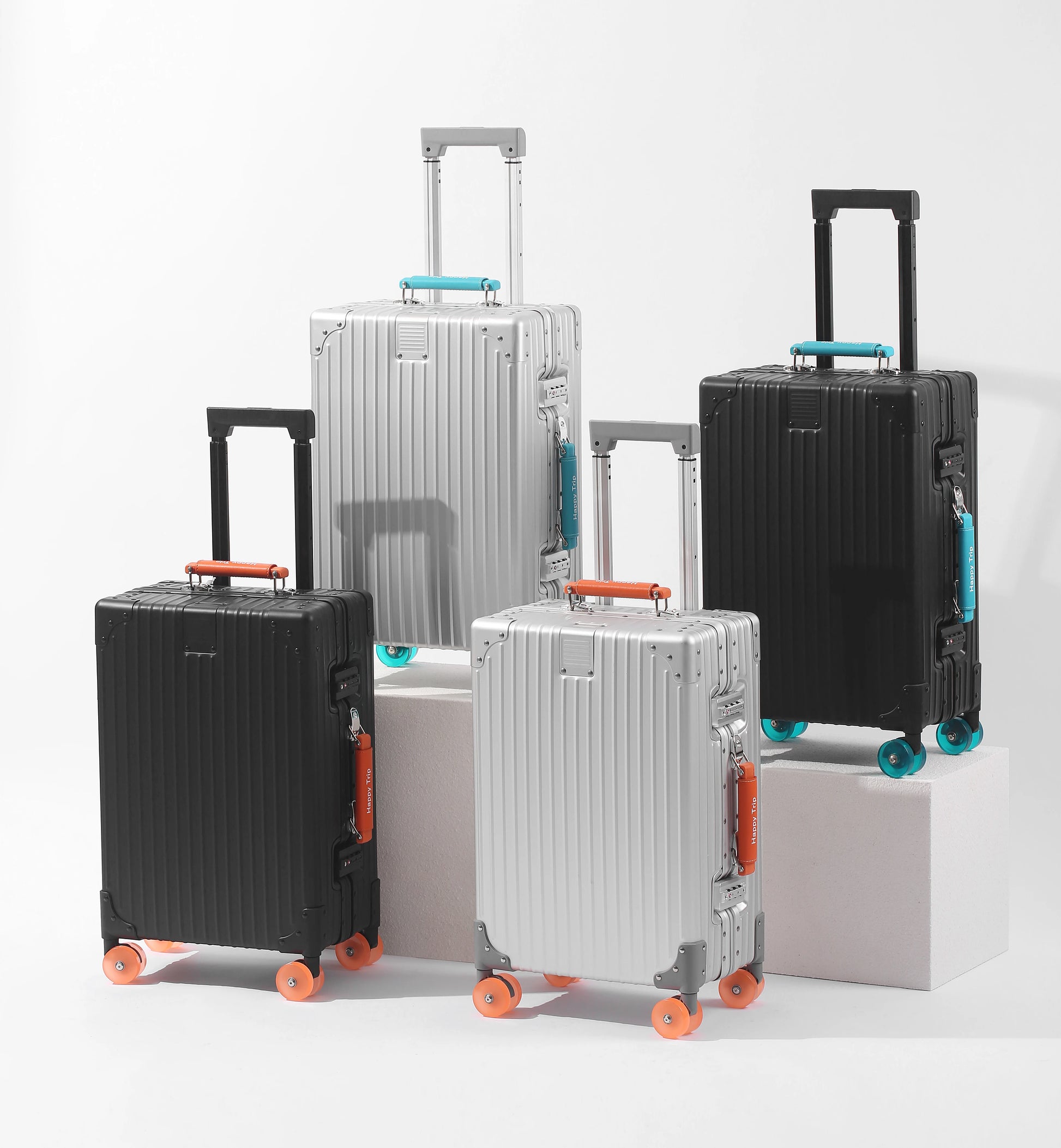 Colourful Spinner Suitcase with TSA Lock – flat lay with contents