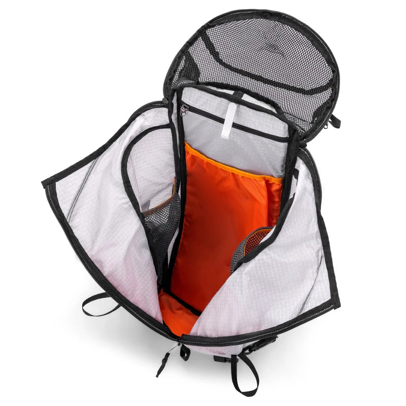 Product image TrailWave 23L backpack showing organised compartments for daily essentials Open backpack with orange interior on a white background