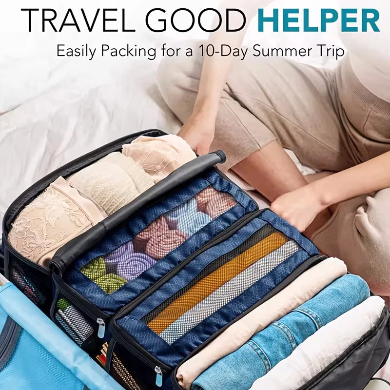 Travel clothes organiser with shelves black grey blue colour options luggage