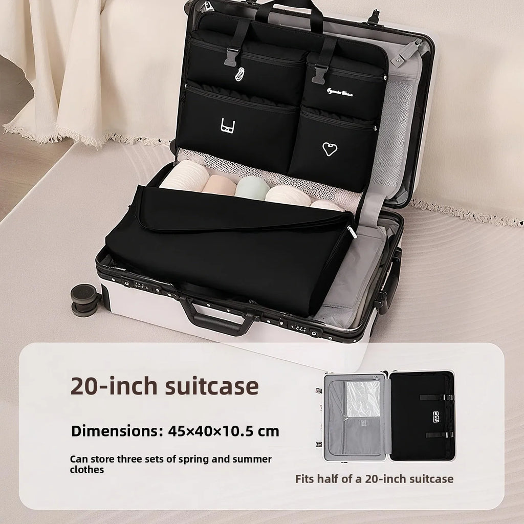 7-in-1 clothing organiser bag side view showing multiple divider sections for suitcase packing