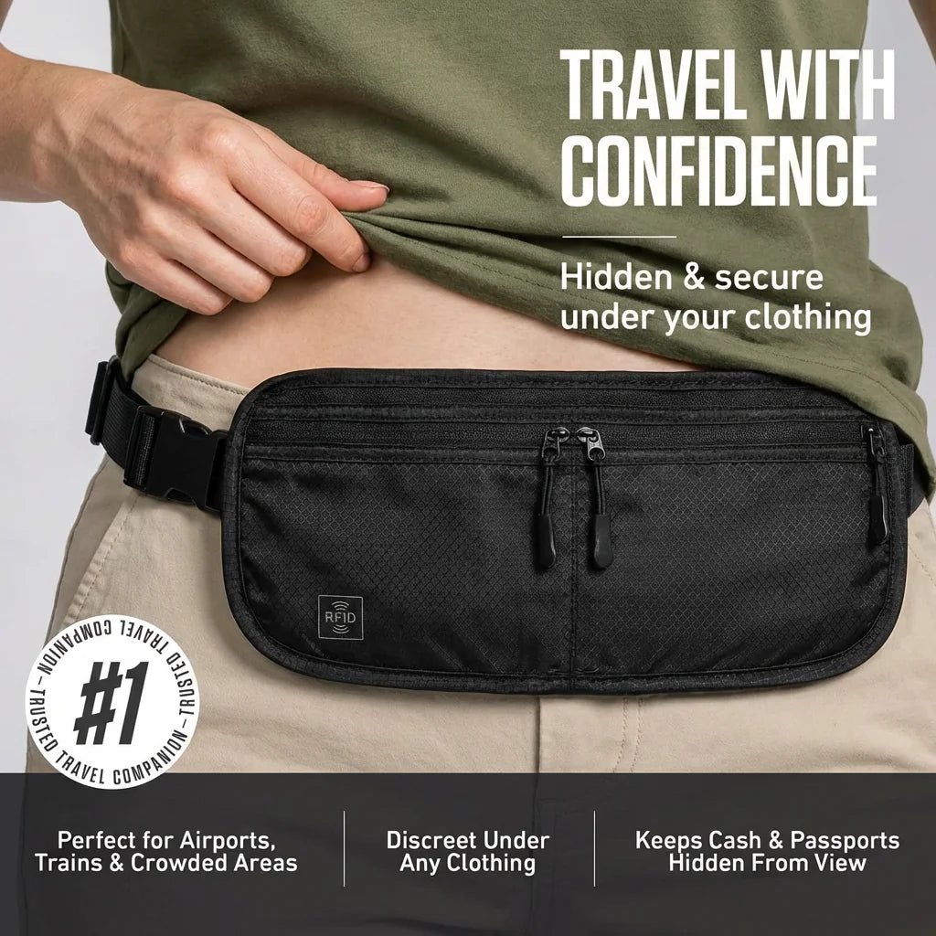 WaistGuard RFID money belt black anti-theft travel waist pouch hidden under clothing