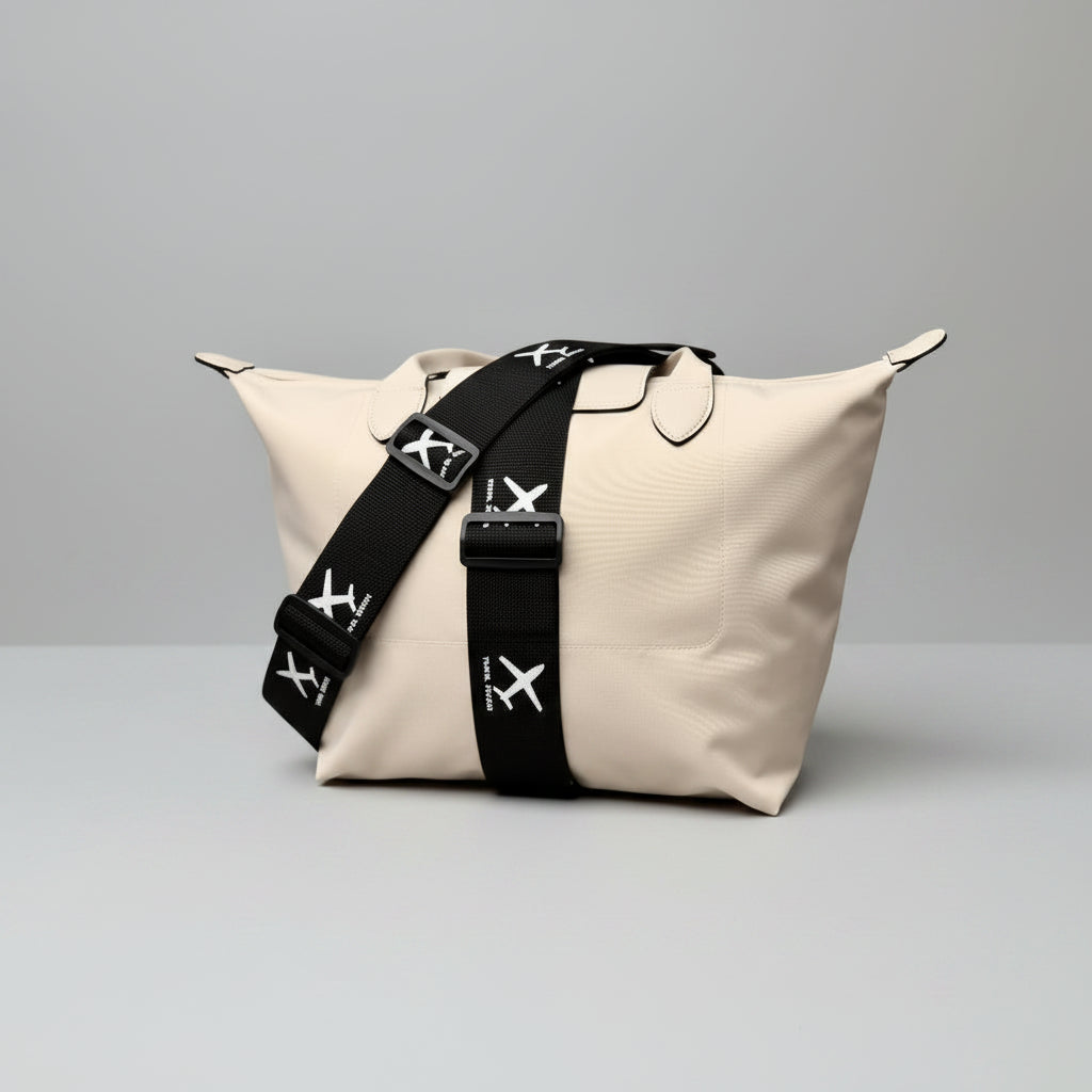White bag with a black strap featuring airplane icons on a red suitcase against a textured wall.
