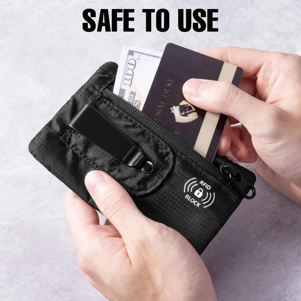 RFID money belt open showing passport cards cash key compartments travel security