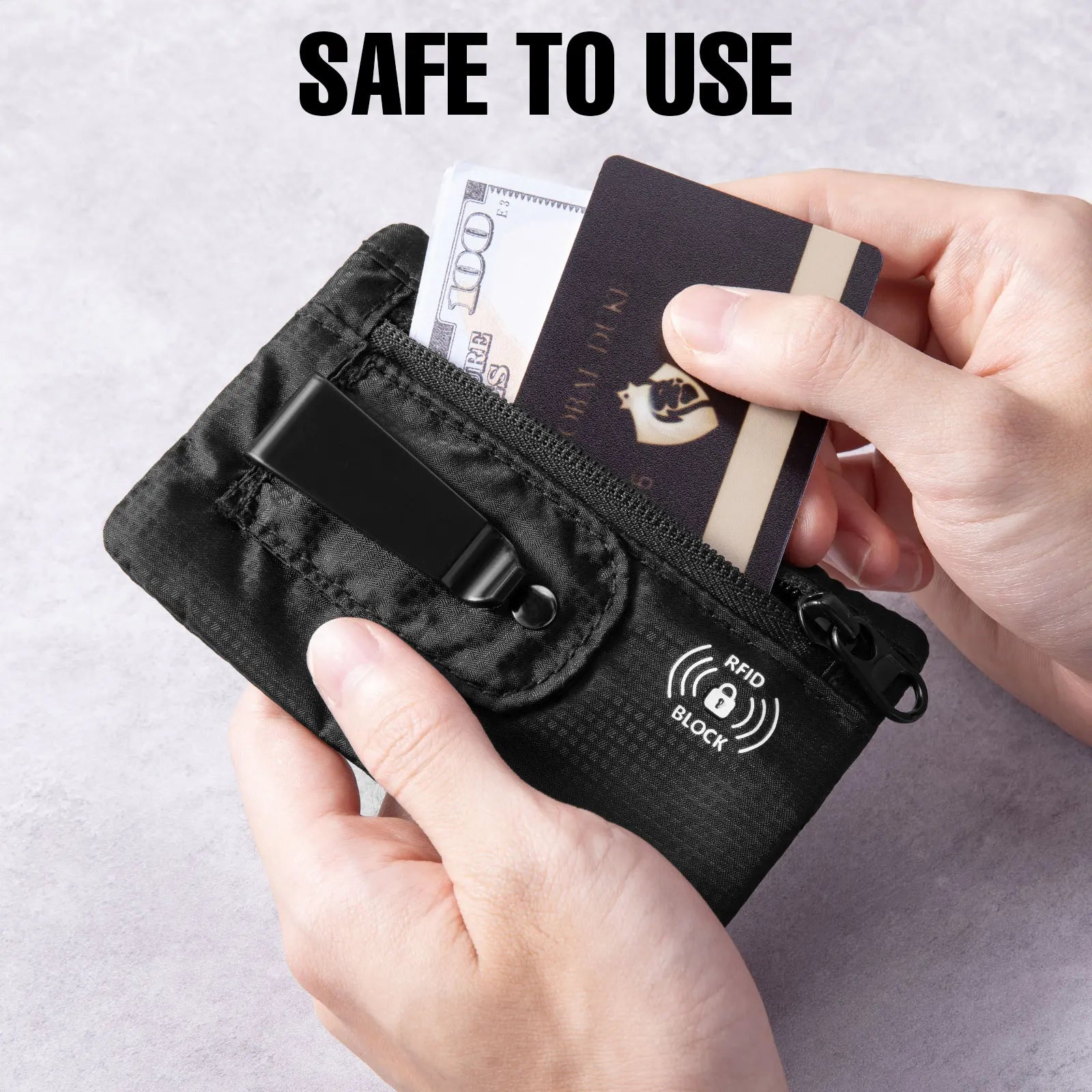RFID money belt open showing passport cards cash key compartments travel security