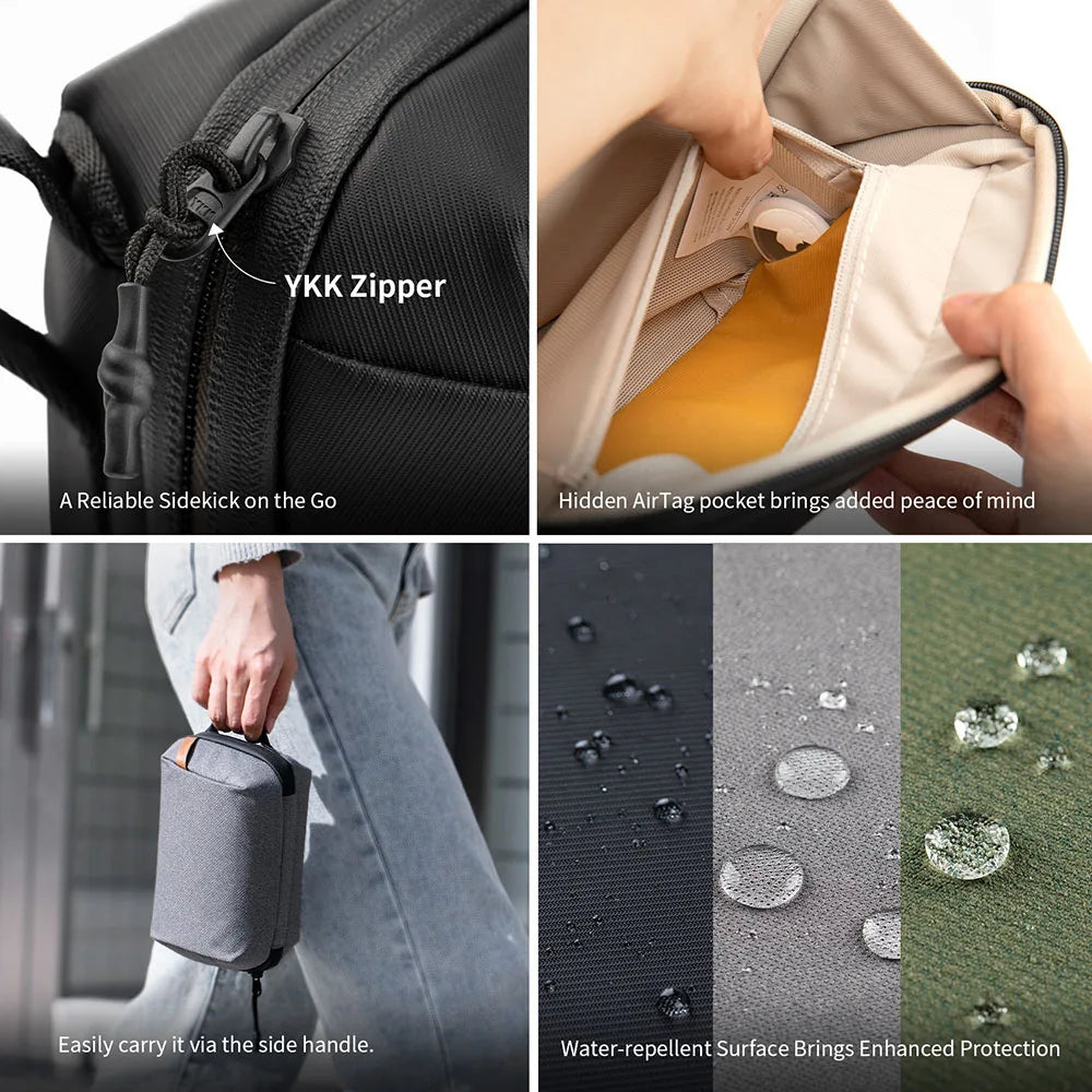 product image CarryOn Tech OrganizerCollage of a bag with YKK zipper, hidden AirTag pocket, side handle, and water-repellent surface.