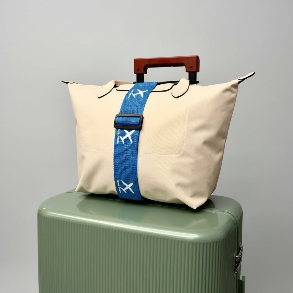 Beige bag with a blue strap featuring airplane icons on a red suitcase against a textured wall.