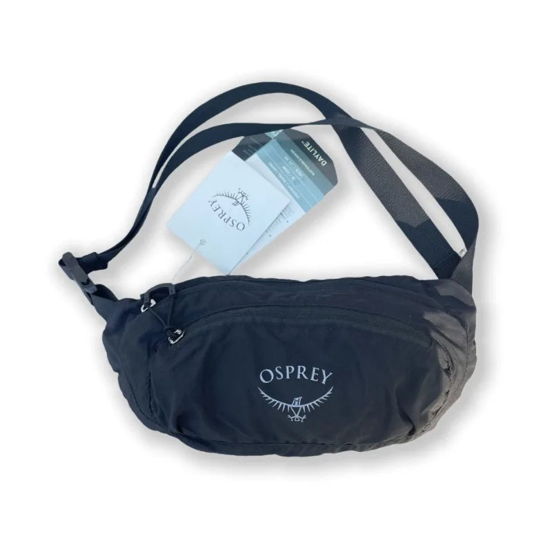 Product image of Navy Osprey waist bag with a visible brand tag on a white background
