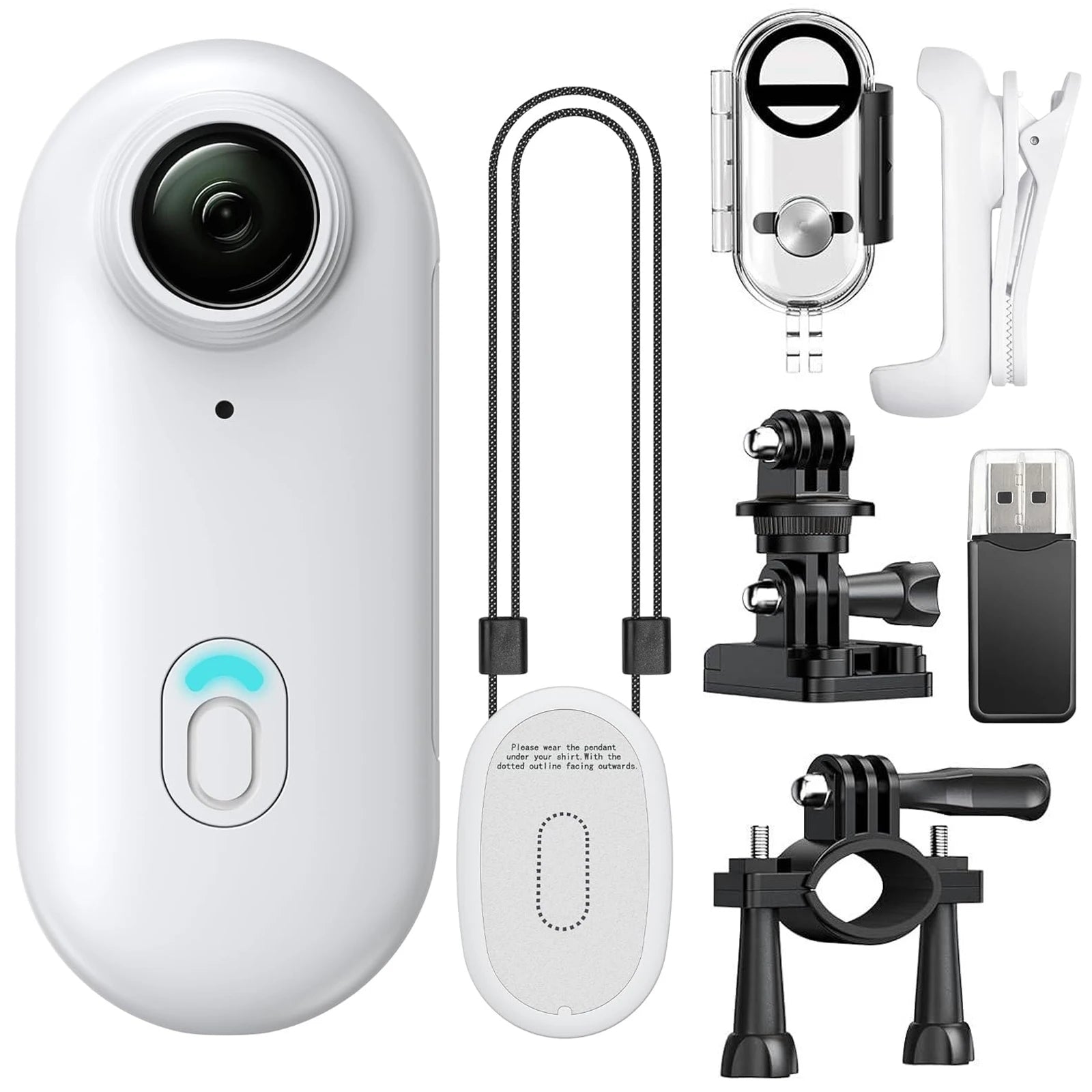 Set of camera accessories including a camera, USB cable, and various mounting brackets on a white background.