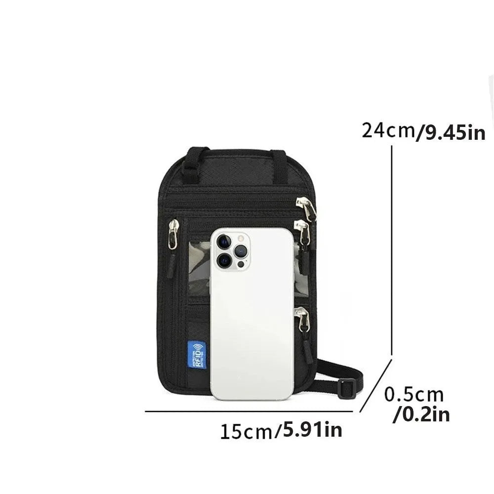 SecurePass crossbody neck wallet open showing passport card and cash storage compartments