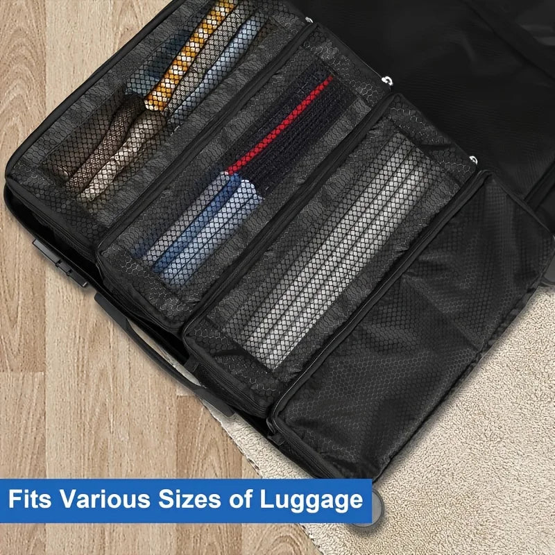 Collapsible travel wardrobe organiser hanging from hotel rail clothes organised