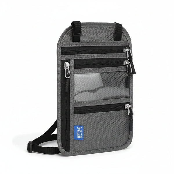SecurePass™ RFID Crossbody Neck Wallet – 5-Zip Anti-Theft Travel Pouch