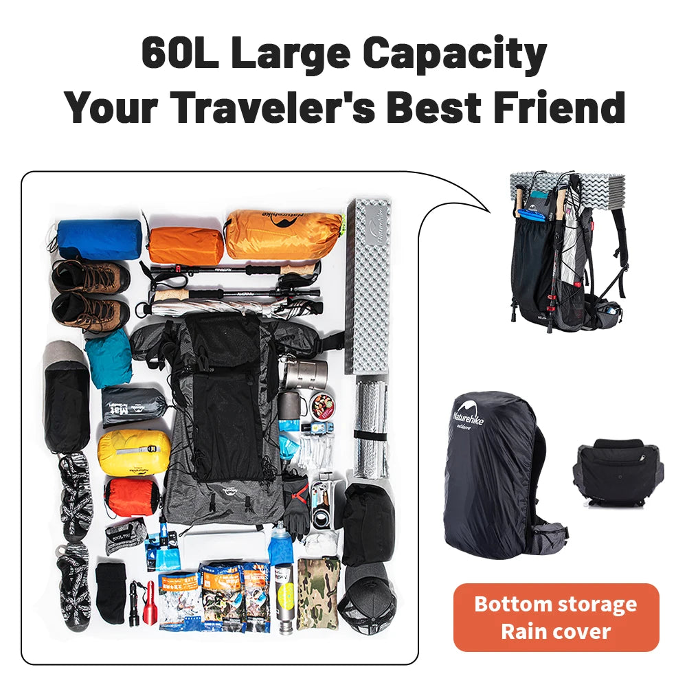 60L trekking backpack with hydration bladder compartment and trekking pole attachment