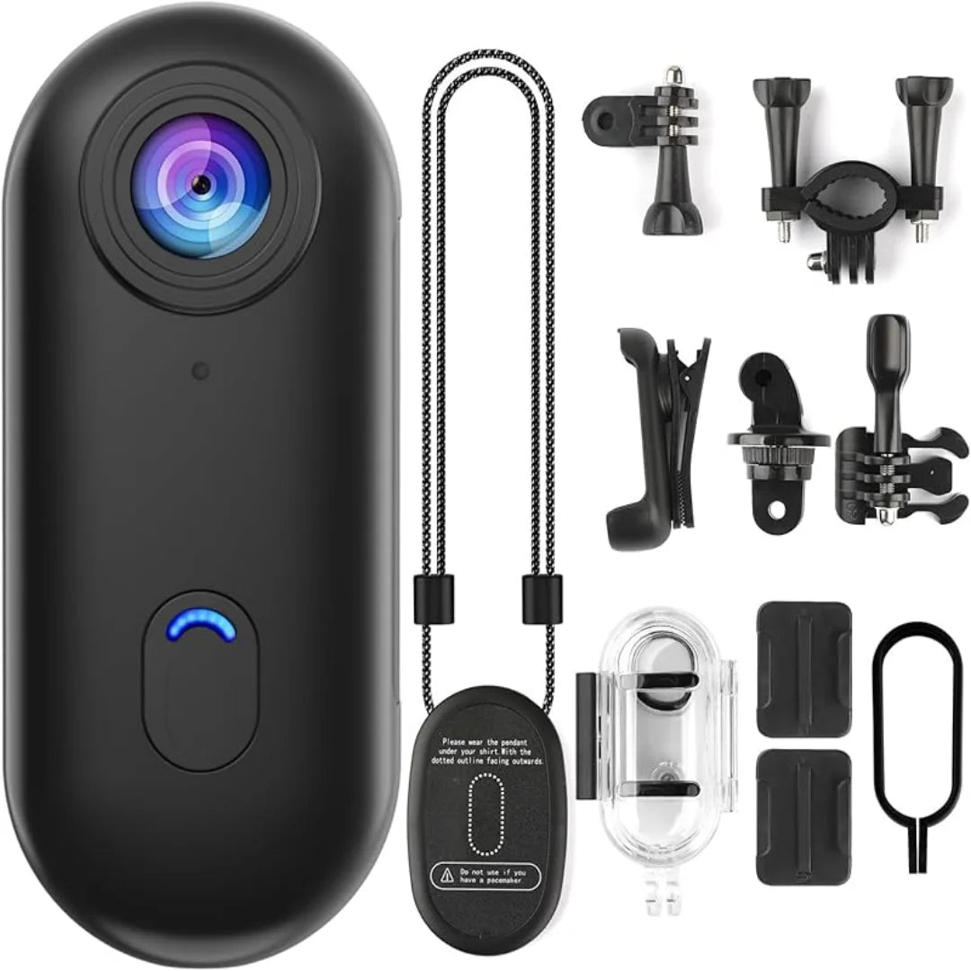 Black action camera with various accessories on a white background