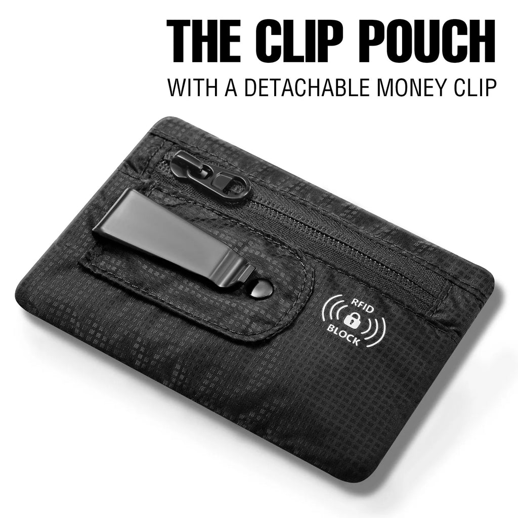 RFID blocking waist pouch comparison showing slim profile hidden under clothing