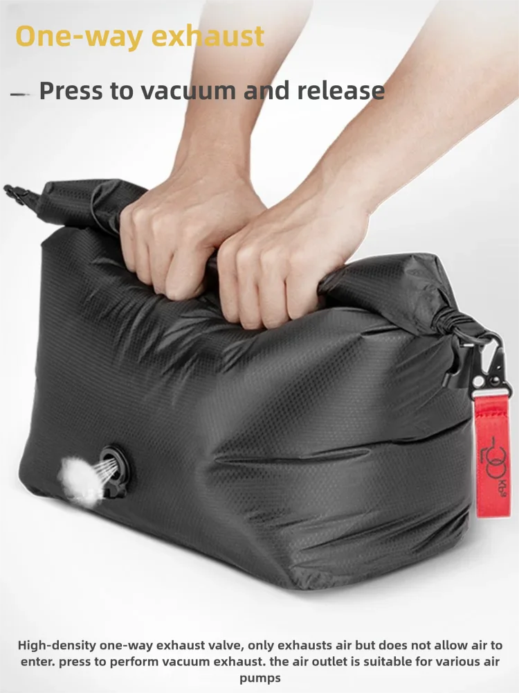 Travel compression bag close-up waterproof zip lock seal and valve-free compression detail