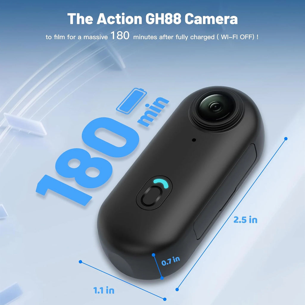Action GH88 Camera with charging time and dimensions displayed on a blue background