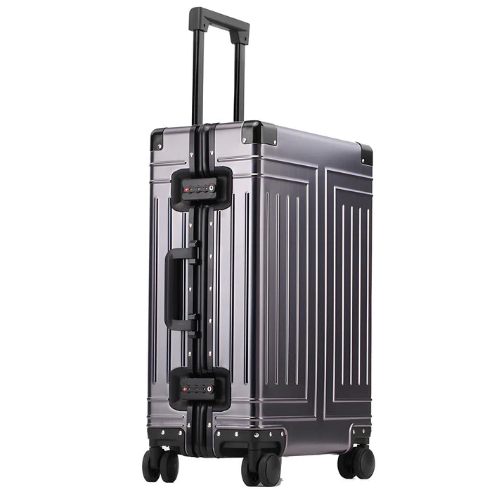 Silver suitcase with black accents on a white background