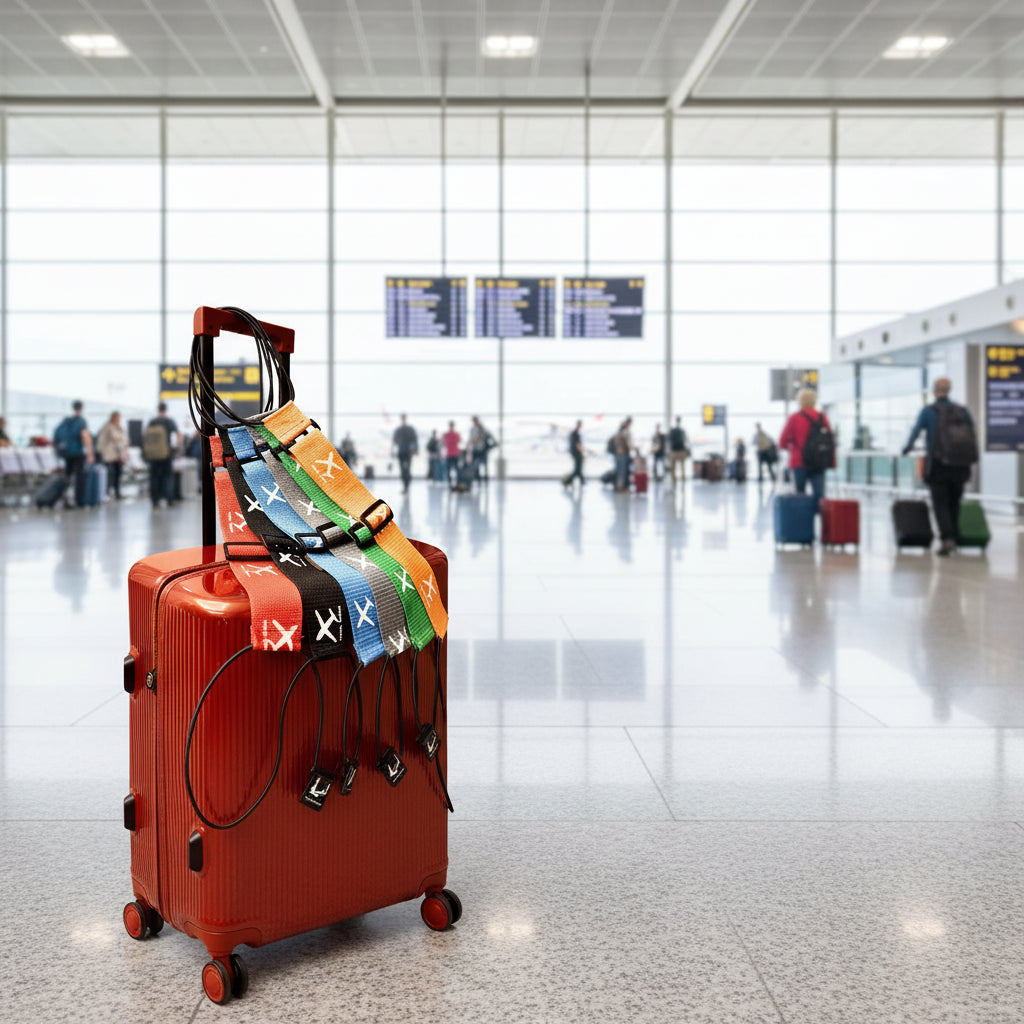Set of colorful luggage straps with a red suitcase and white bag.