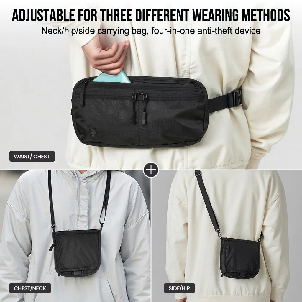 WaistGuard RFID money belt worn as crossbody showing 3 wear modes travel security