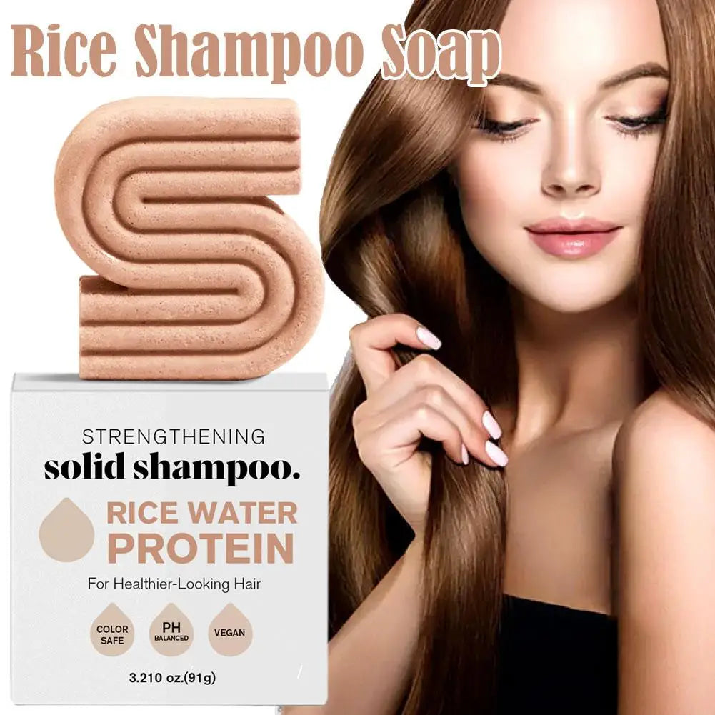 Rice Shampoo Soap packaging with a woman holding her hair, emphasizing hair health.