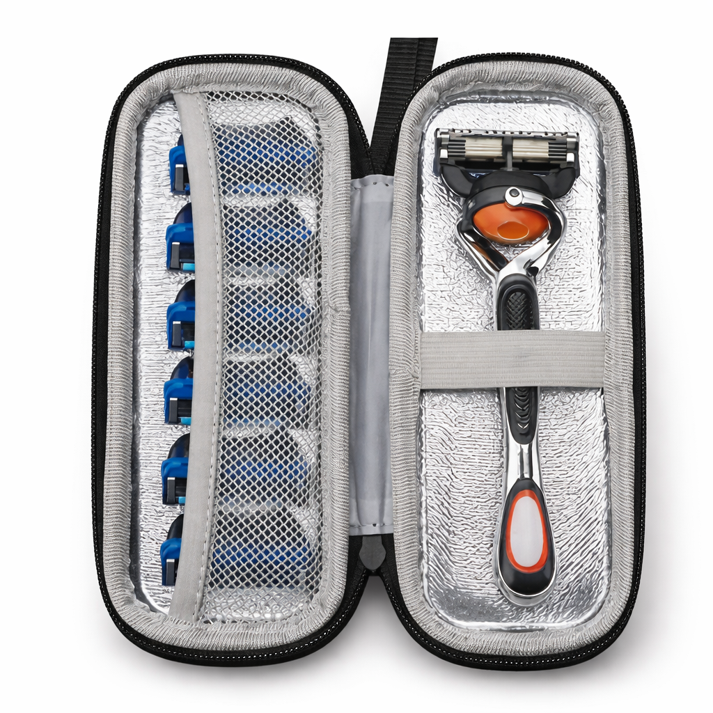 Shaving kit with razor and multiple cartridges in a travel case on a white background