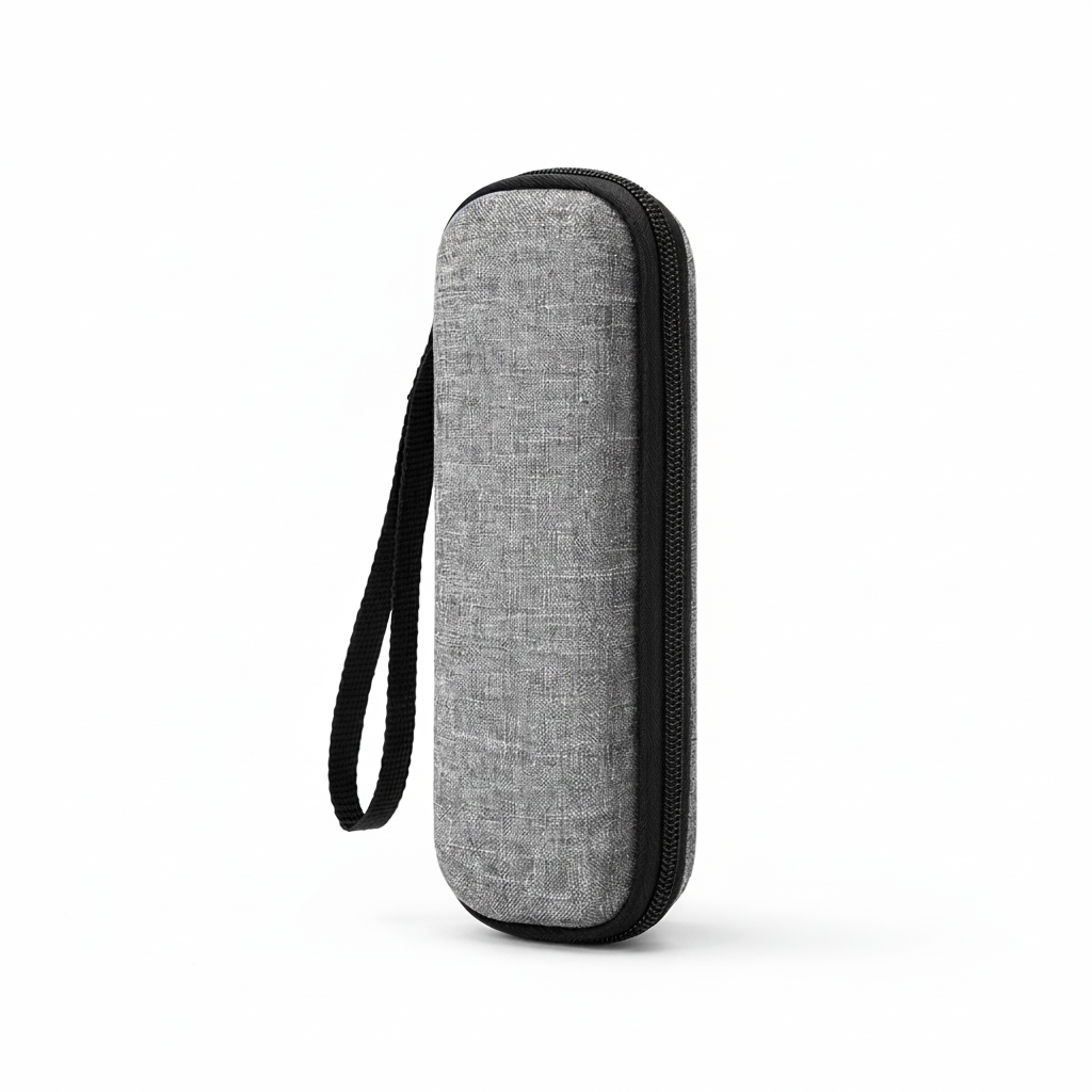 Gray carrying shave travel case with black handle on a white background