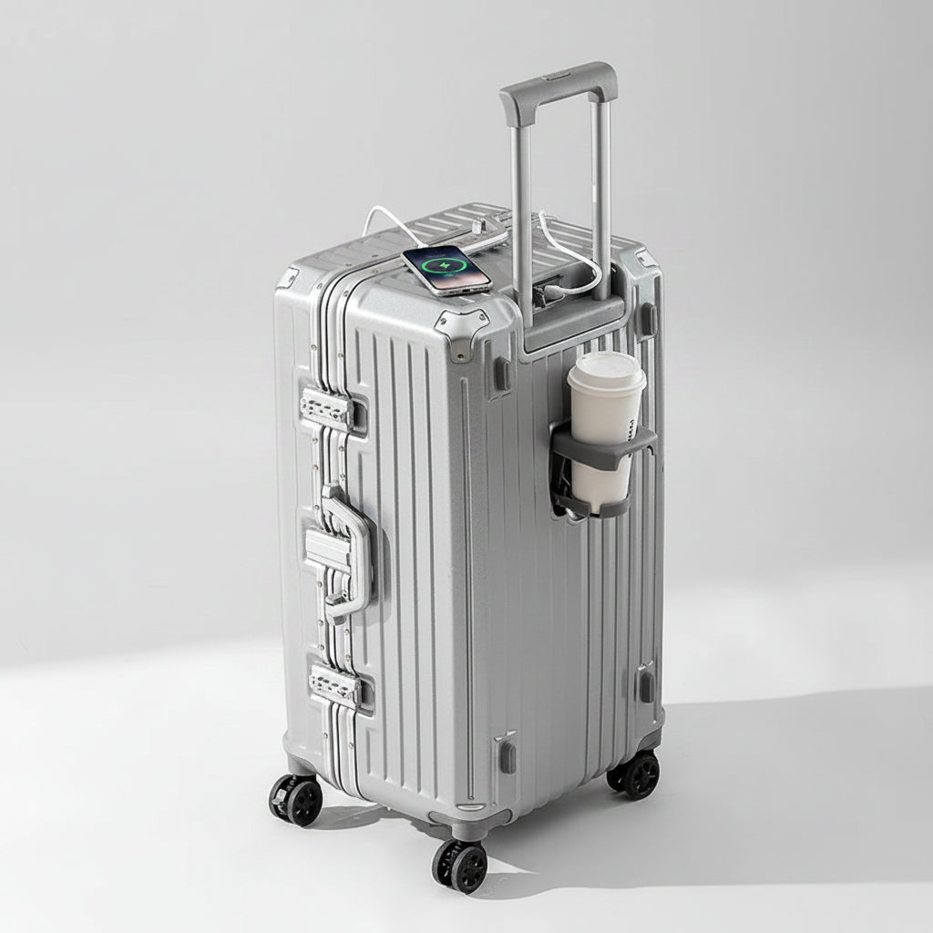 Silver suitcase with a smartphone on top against a beige background