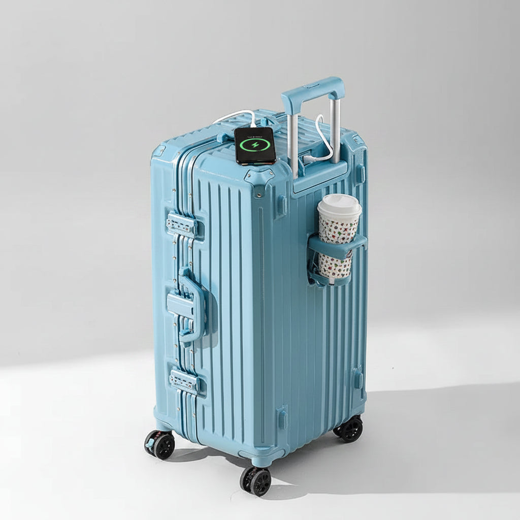 Light blue suitcase with a charging pad and cup holder on a beige background