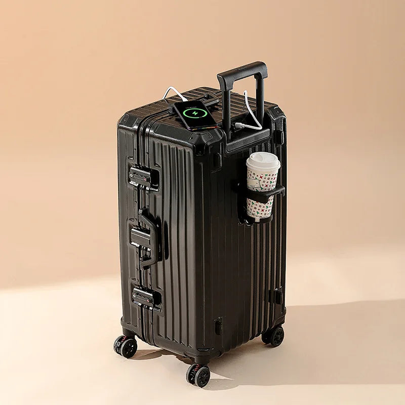 Front view of travel suitcase showing modern design and clean finish