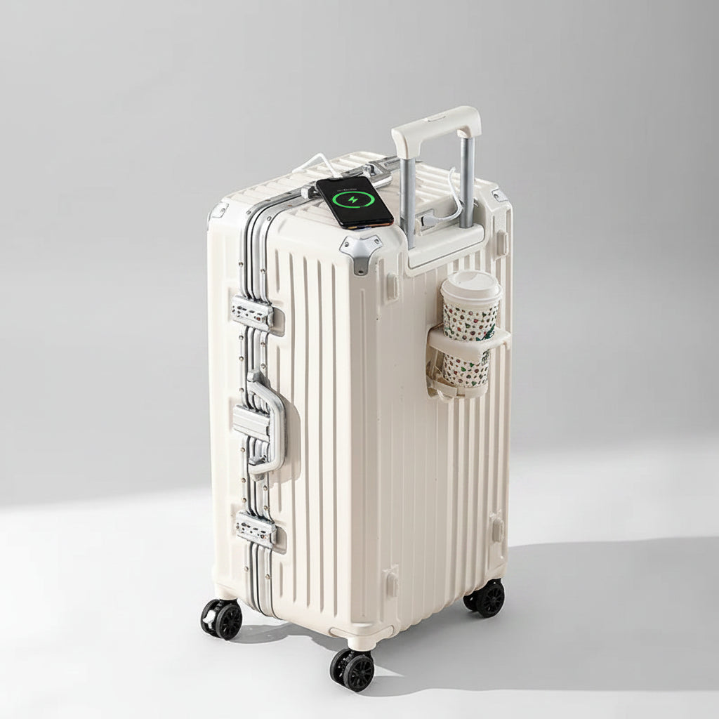 White suitcase with a charging pad on a beige background