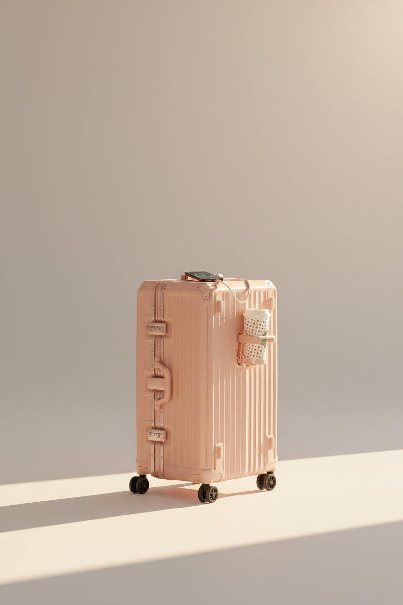 Pink suitcase with a phone and cup on a beige background