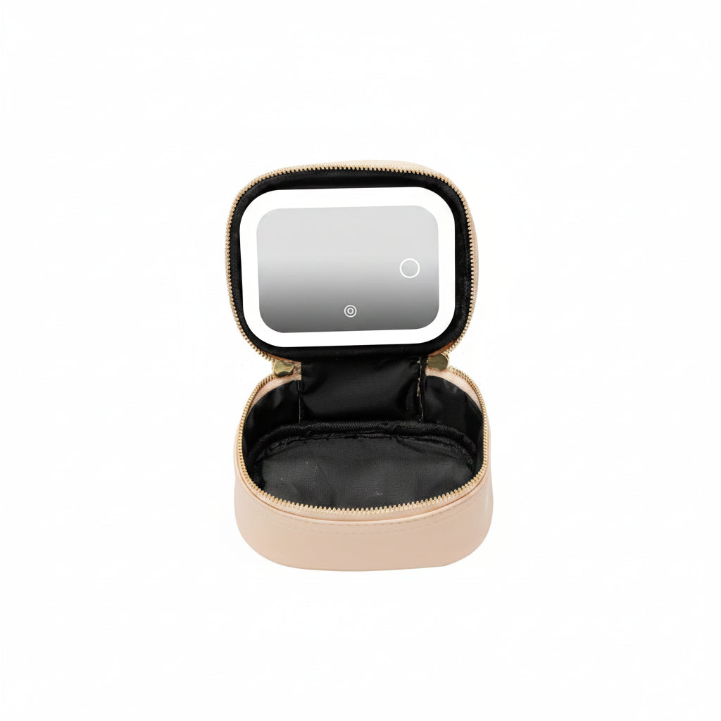 Small beige make up travel box with a mirror on a white background