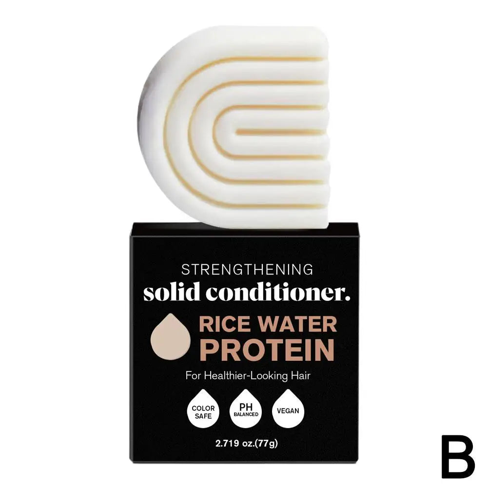 Solid conditioner bar with packaging labeled 'Rice Water Protein' on a white background