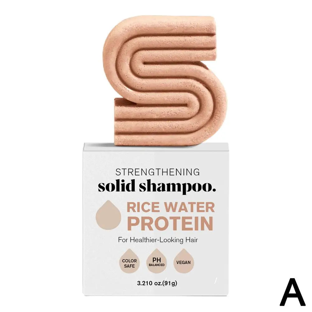 Product iamge of Solid shampoo bar with packaging labeled 'Rice Water Protein' on a white background