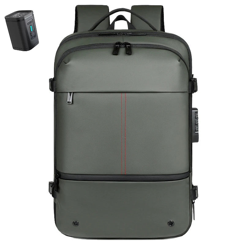 Gray backpack with USB port on a white background Space saving travel backpack compressing clothes for carry-on trips