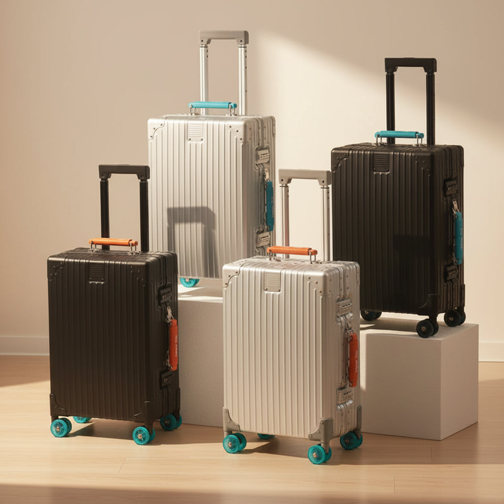 Colourful spinner suitcase side view showing colour-matched spinner wheels and premium aluminium frame
