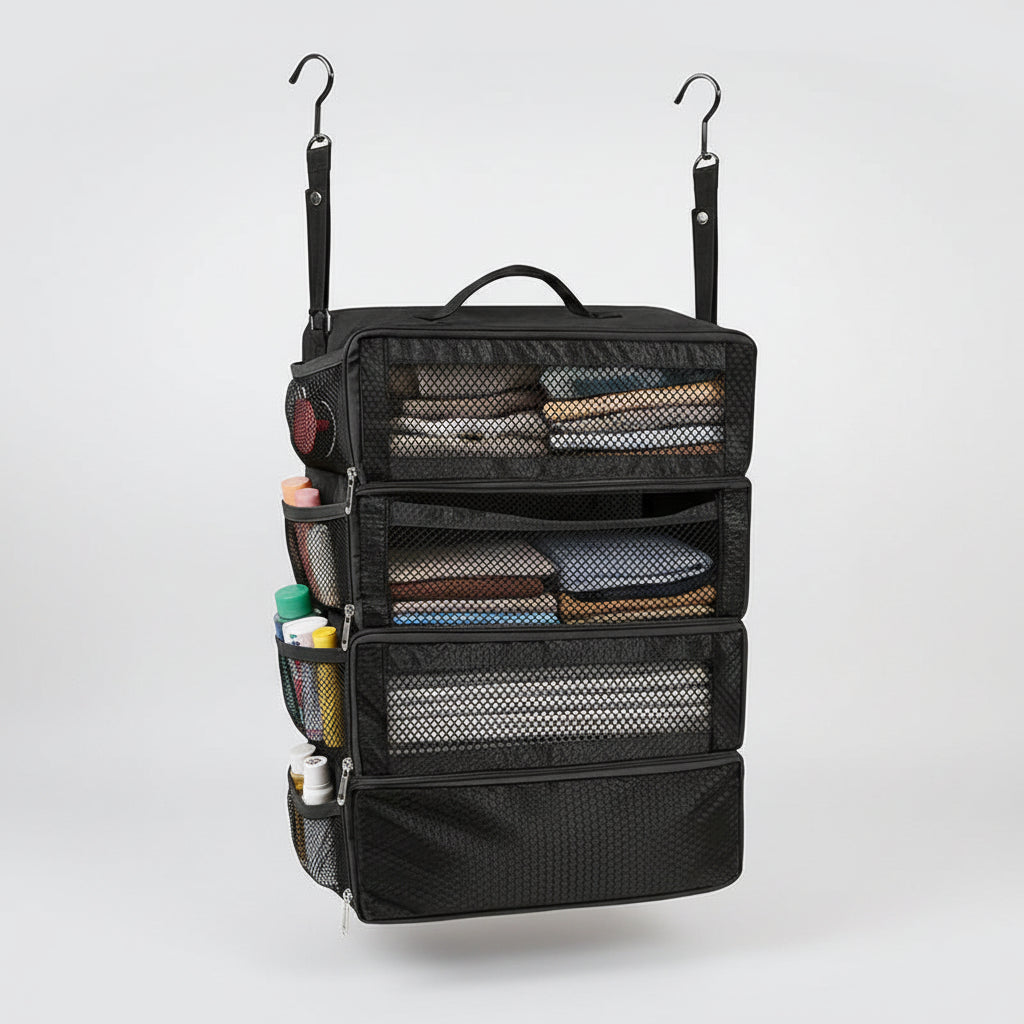 Suitcase organiser with hanging shelves collapsible luggage wardrobe black travel