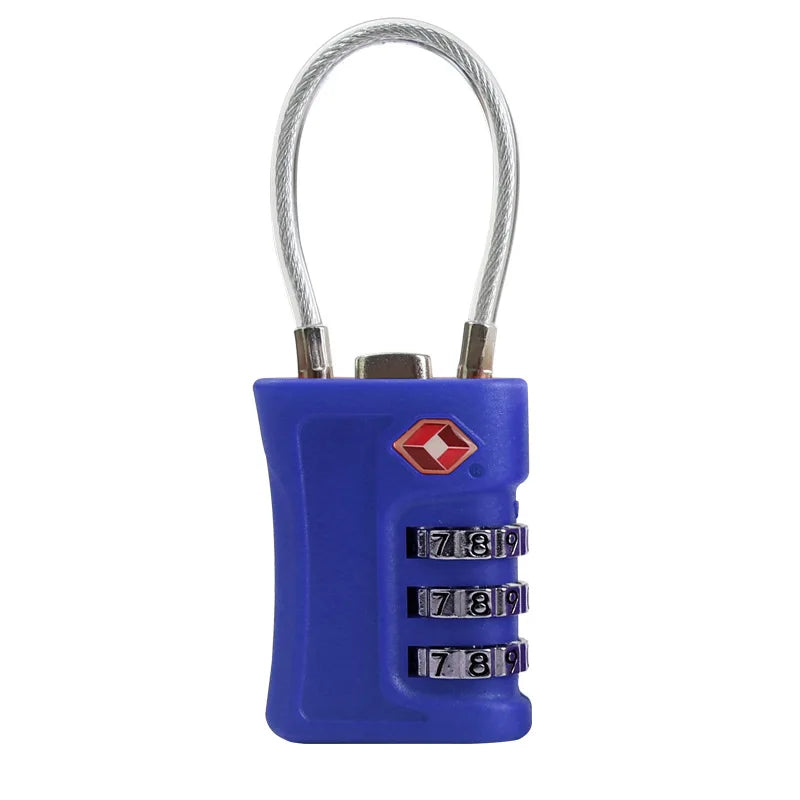 Blue combination lock with a cable on a white background