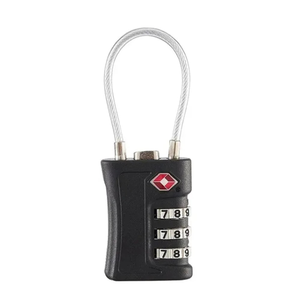 Black combination lock with a cable on a white background