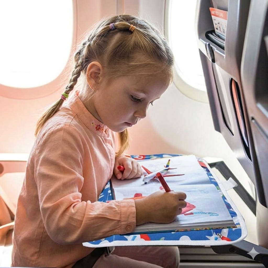 Child drawing in an airplane seat with a tablet and markers
