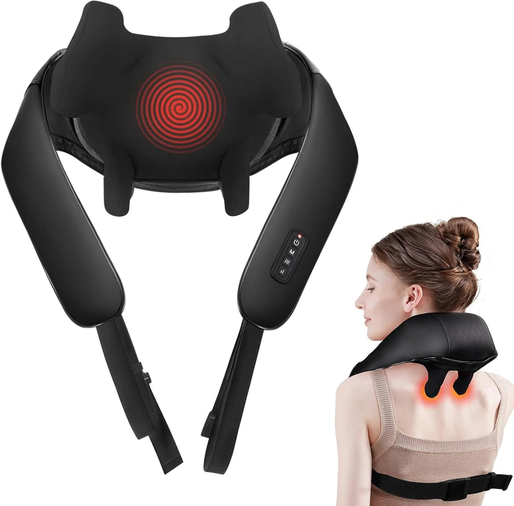 Black neck and shoulder massager with red light on a white background, and a woman using it.
portable shiatsu neck and shoulder massager australia lifestyle