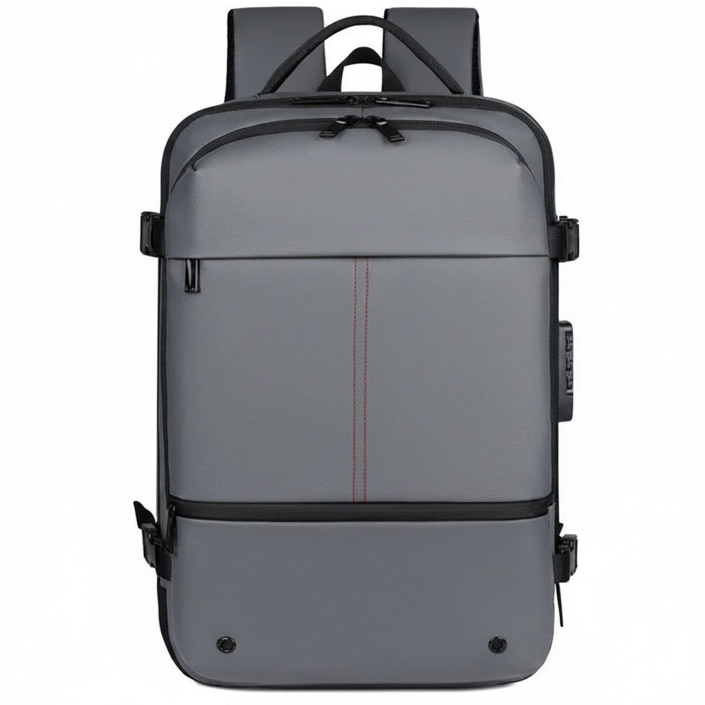 Gray backpack with tsa lock cod port on a white background