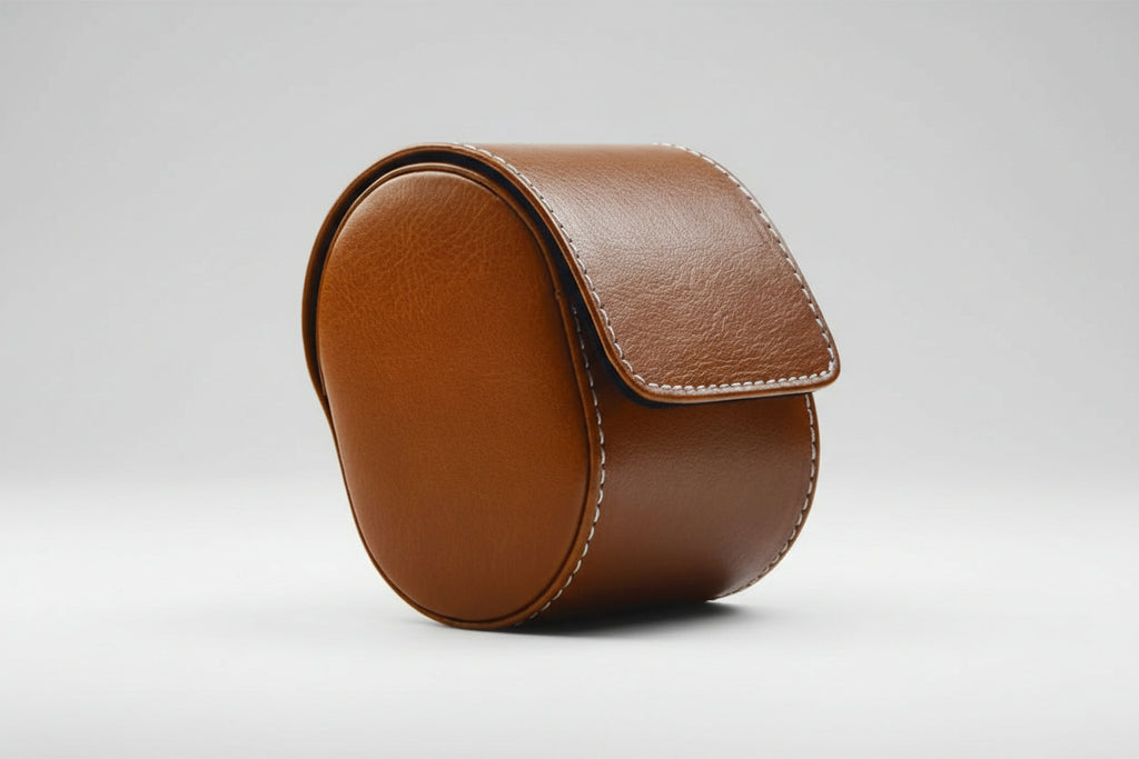Brown leather Travel_Watch_Roll_Organizer on a white background